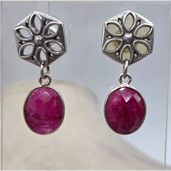 Hexagon Floral Sterling Silver Earrings With Pink Gemstone Dangles - Picture 1 of 2